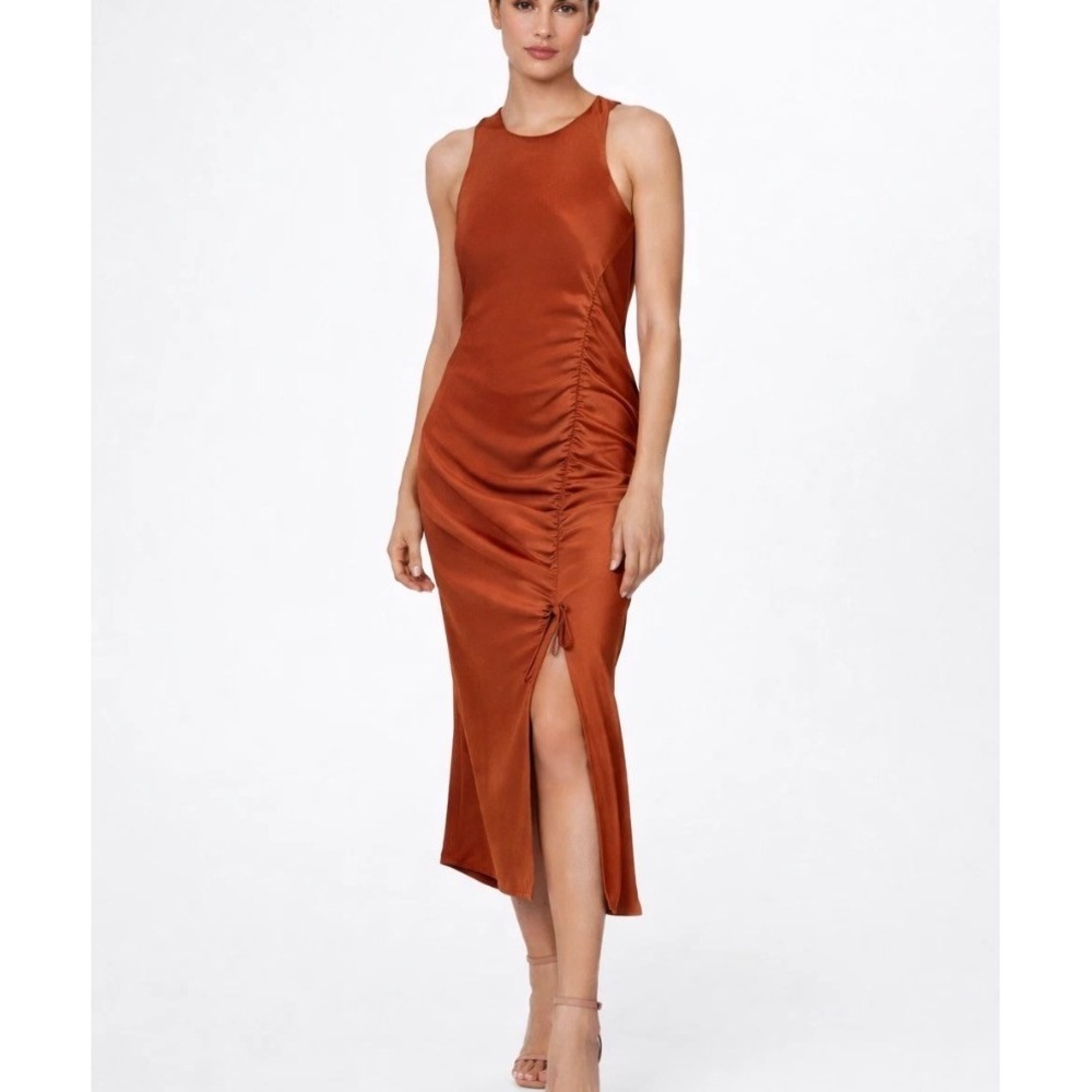 House of Harlow 1960 Copper Satin Ruched Side Slit Midi Dress Size Medium